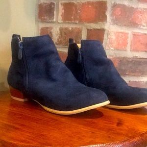 Blue suede-like bootie, size 6.5.